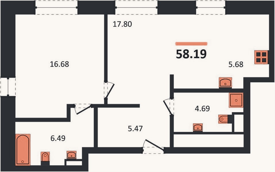 Планировка: 1-к, 58,2 м²