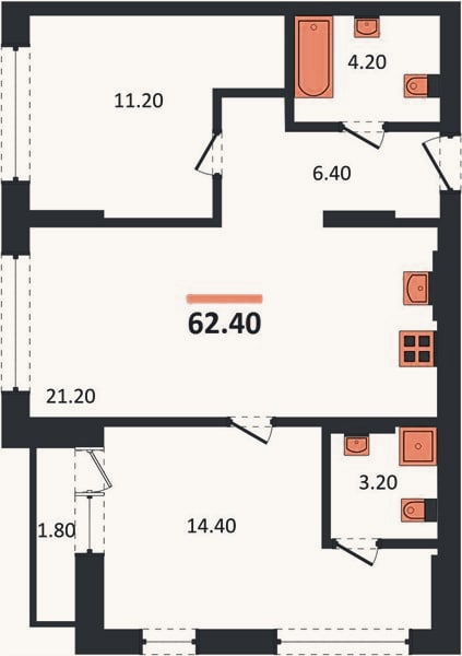 Планировка: 2-к, 62,4 м²