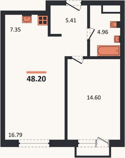 Планировка: 1-к, 48,2 м²