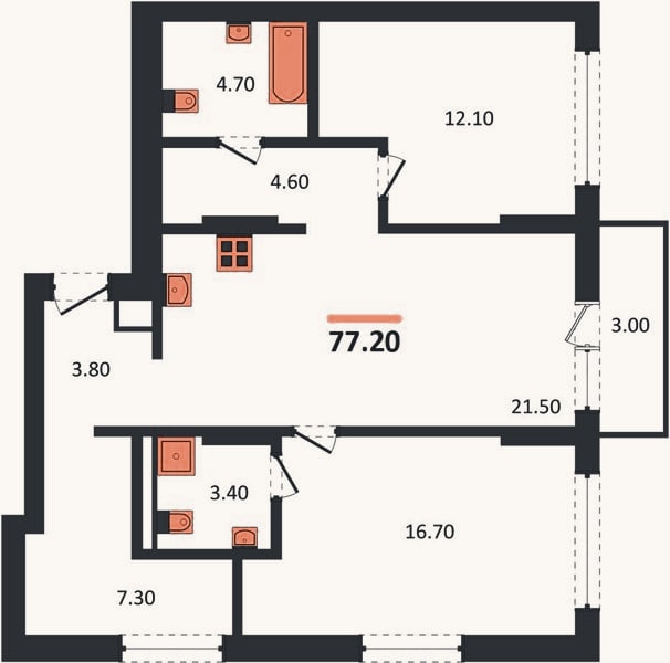 Планировка: 2-к, 77,2 м²