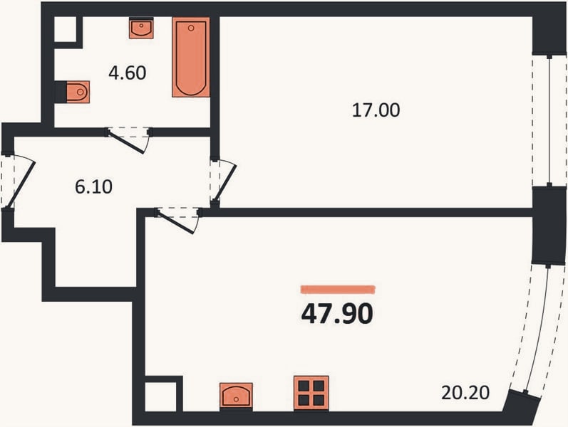 Планировка: 1-к, 47,9 м²