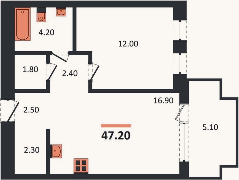 Планировка: 1-к, 47,2 м²