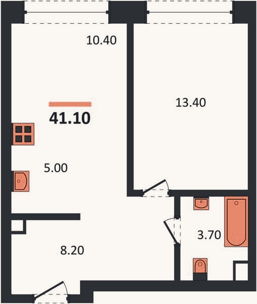 Планировка: 1-к, 41,1 м²