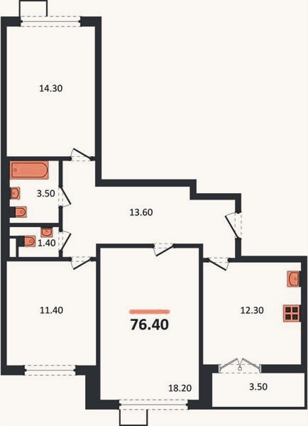 Планировка: 3-к, 76,4 м²