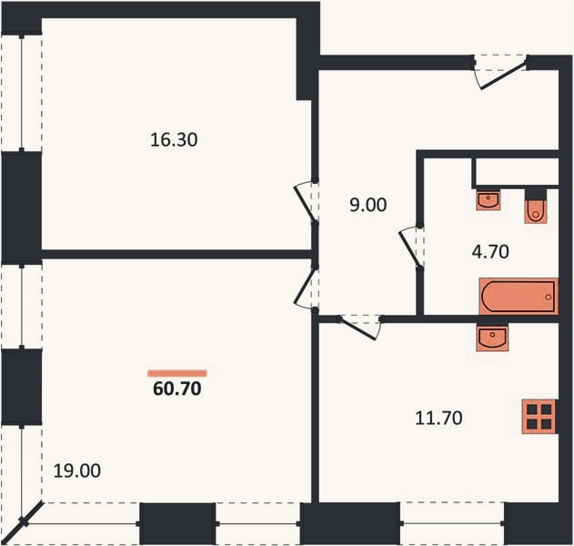 Планировка: 2-к, 60,7 м²