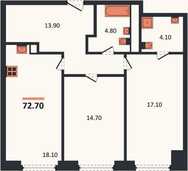 Планировка: 2-к, 72,7 м²