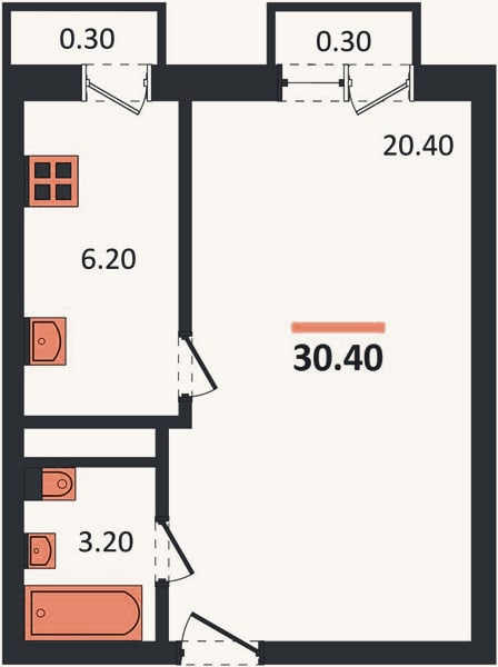 Планировка: 1-к, 30,4 м²
