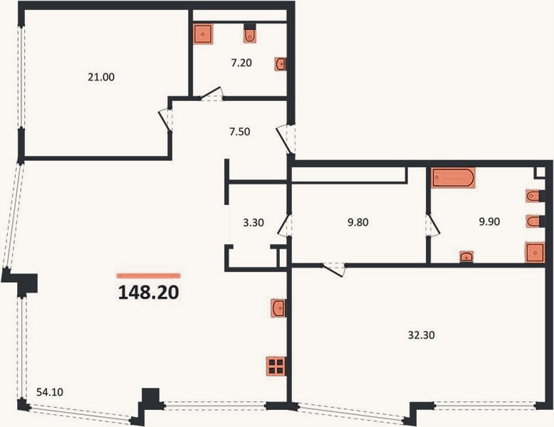 Планировка: 2-к, 148,2 м²