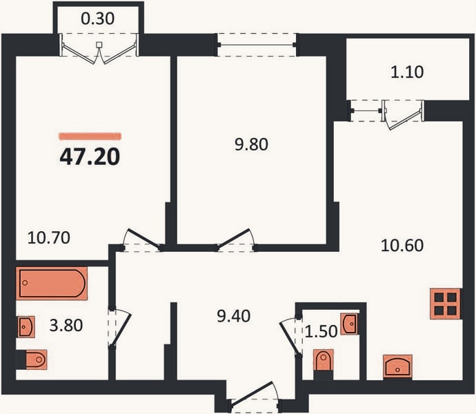 Планировка: 2-к, 47,2 м²