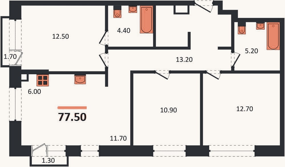 Планировка: 3-к, 77,5 м²