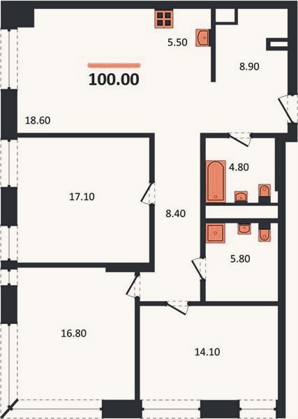 Планировка: 3-к, 100 м²