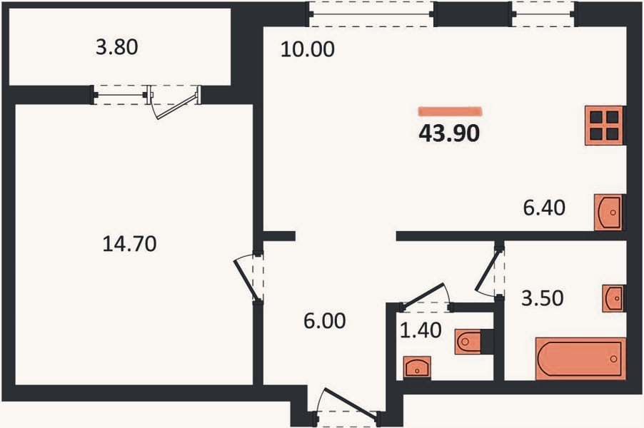 Планировка: 1-к, 43,9 м²