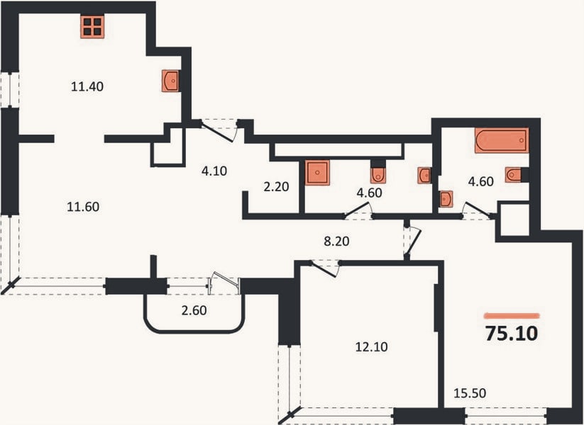 Планировка: 3-к, 75,1 м²