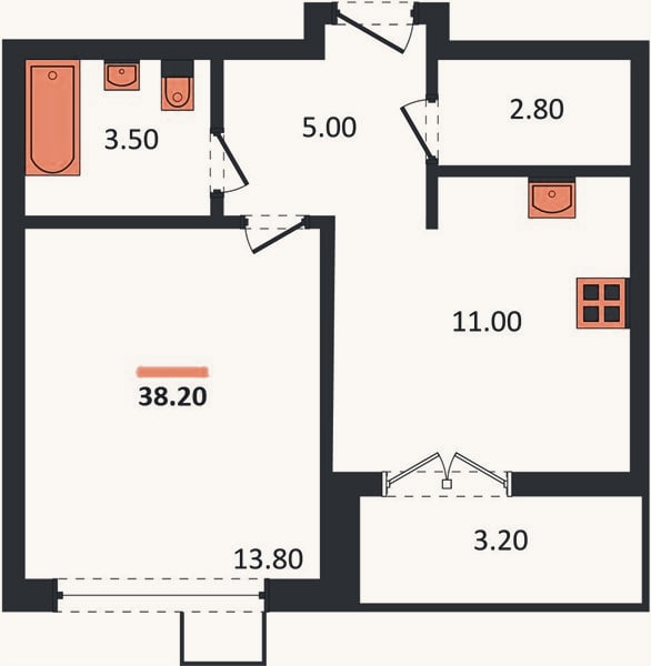 Планировка: 1-к, 38,2 м²