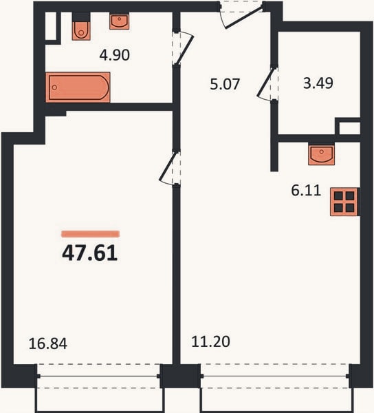 Планировка: 1-к, 47,6 м²