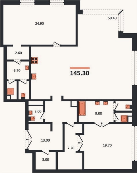 Планировка: 2-к, 145,3 м²