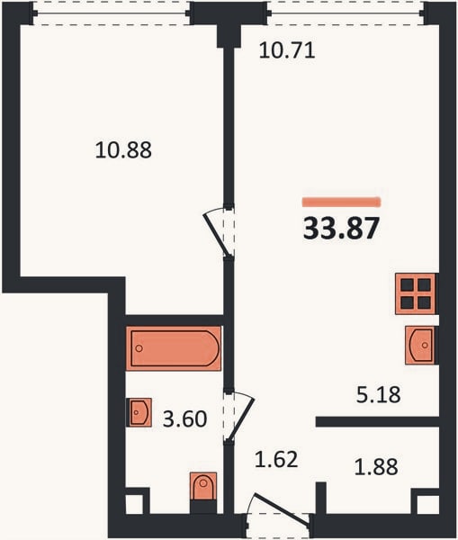 Планировка: 1-к, 33,9 м²