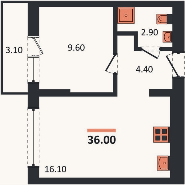 Планировка: 1-к, 36 м²