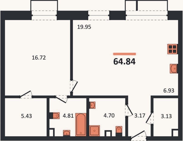 Планировка: 1-к, 64,8 м²