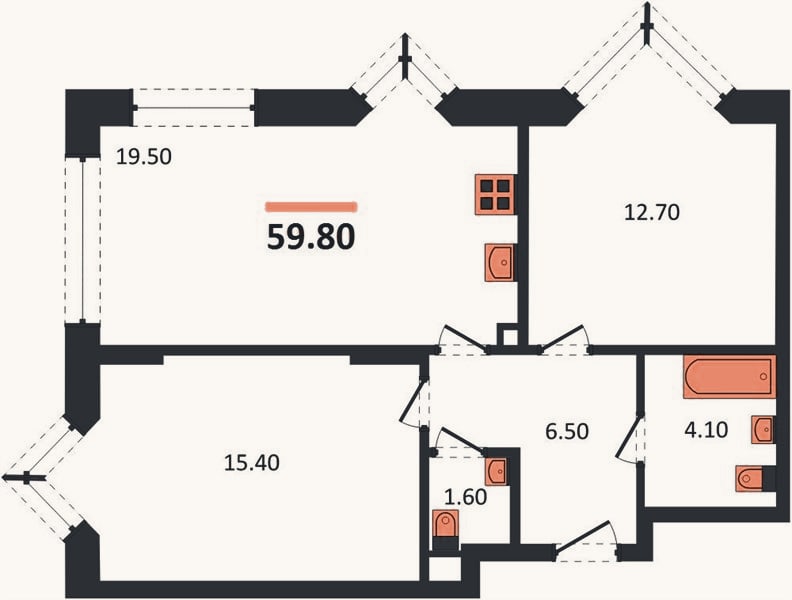 Планировка: 2-к, 59,8 м²