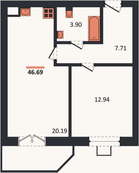 Планировка: 1-к, 46,7 м²