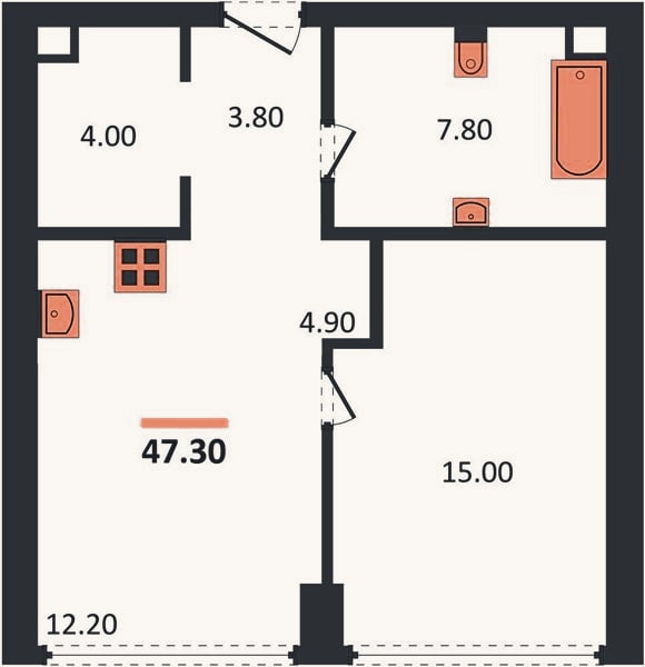 Планировка: 1-к, 47,3 м²