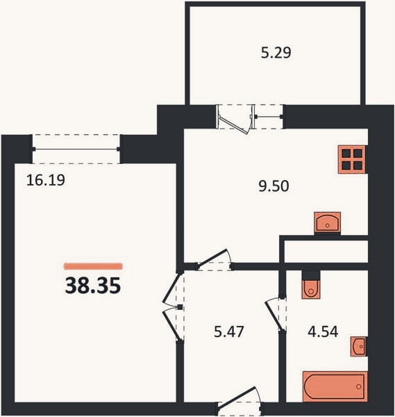 Планировка: 1-к, 38,4 м²