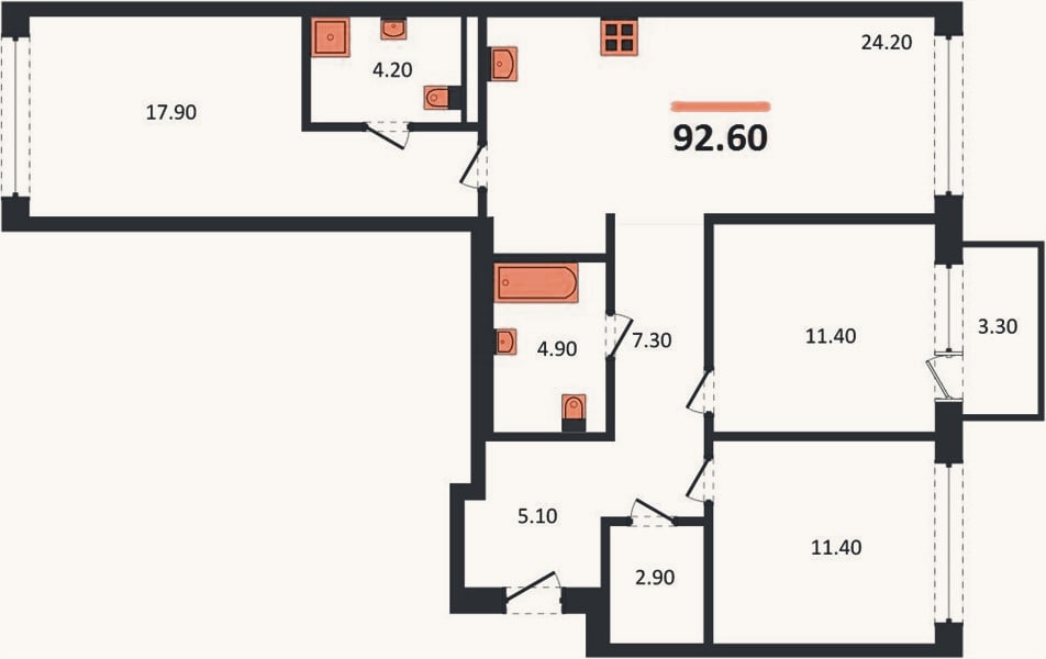 Планировка: 3-к, 92,6 м²