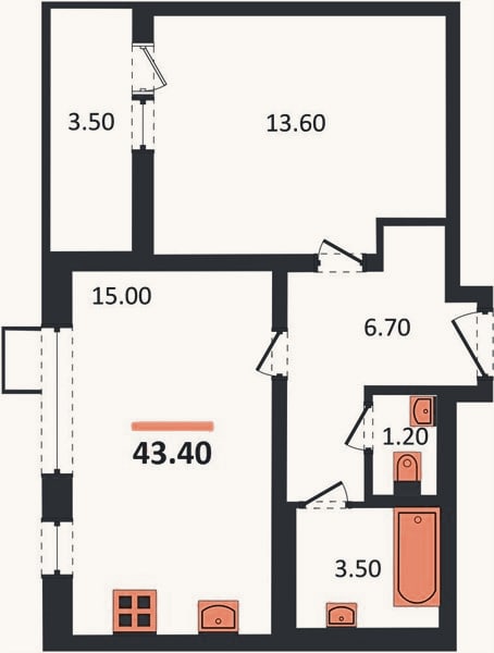 Планировка: 1-к, 43,4 м²