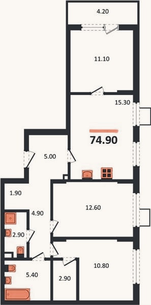 Планировка: 3-к, 74,9 м²
