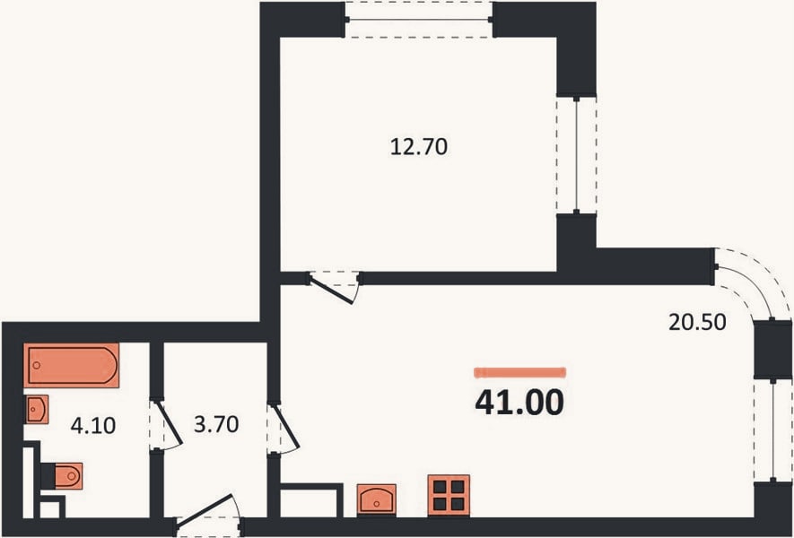 Планировка: 1-к, 41 м²