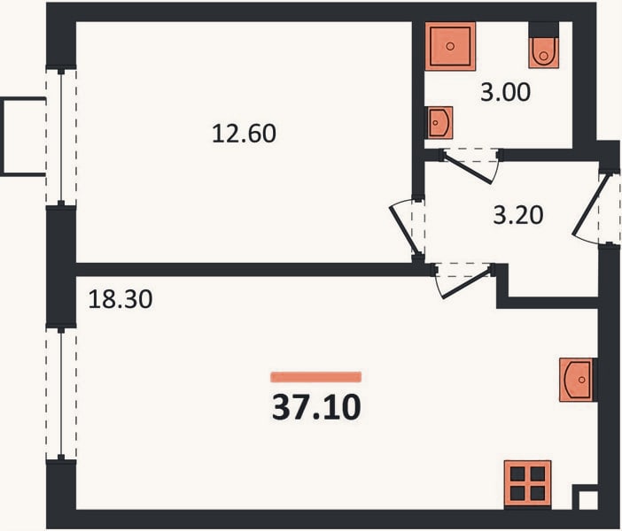 Планировка: 1-к, 37,1 м²