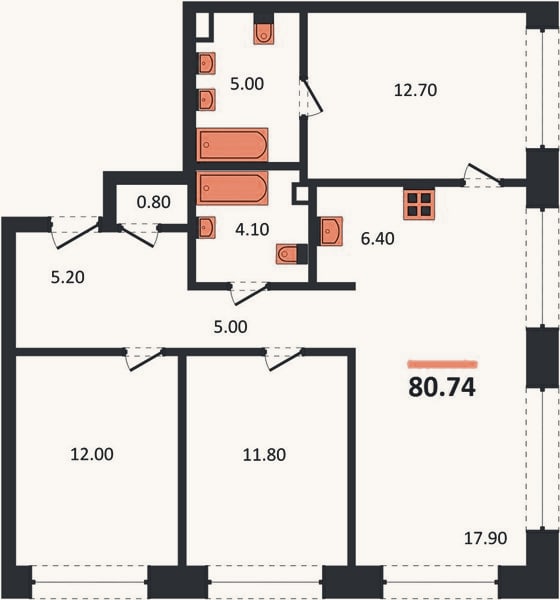Планировка: 3-к, 80,7 м²