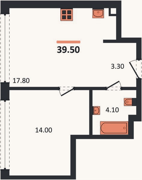 Планировка: 1-к, 39,5 м²