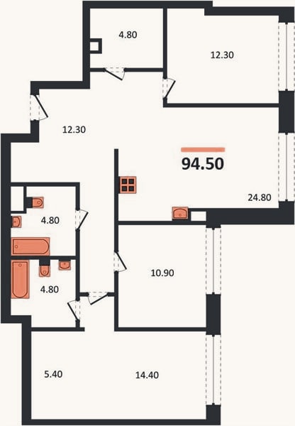 Планировка: 3-к, 94,5 м²