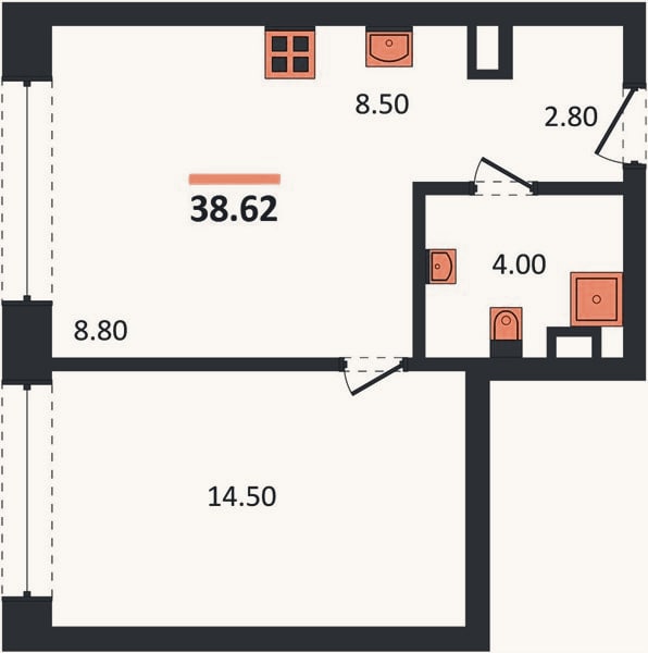 Планировка: 1-к, 38,6 м²