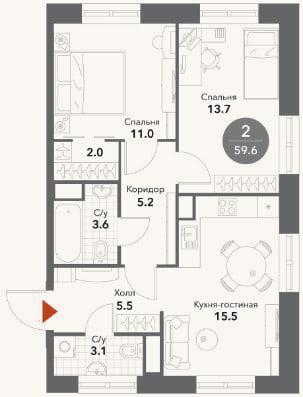 Планировка: 2-к, 59,8 м²