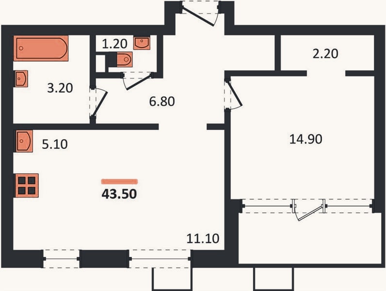 Планировка: 1-к, 43,5 м²
