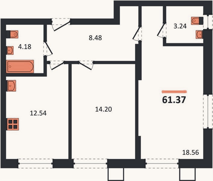 Планировка: 2-к, 61,4 м²