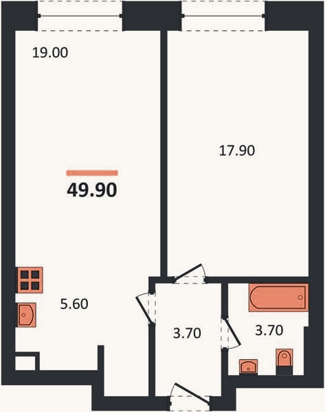 Планировка: 1-к, 49,9 м²
