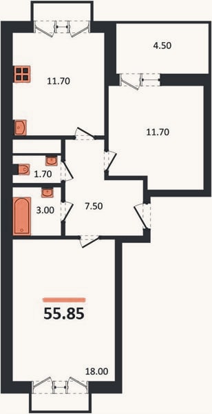 Планировка: 2-к, 55,9 м²