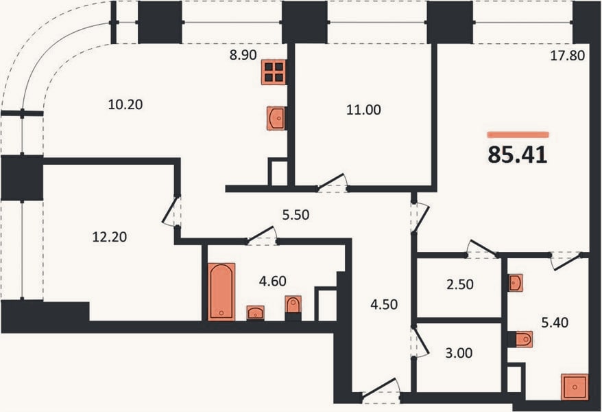 Планировка: 3-к, 85,4 м²