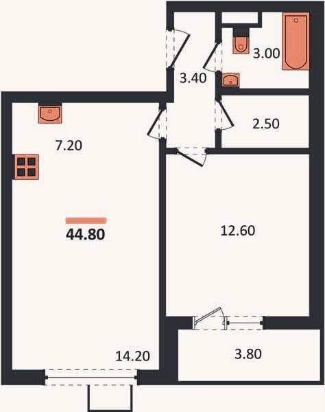 Планировка: 1-к, 44,8 м²