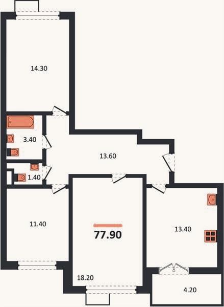Планировка: 3-к, 77,9 м²