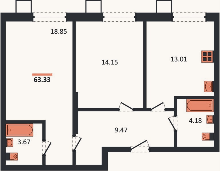 Планировка: 2-к, 63,3 м²