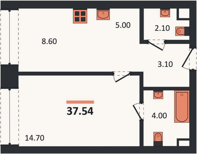 Планировка: 1-к, 37,5 м²