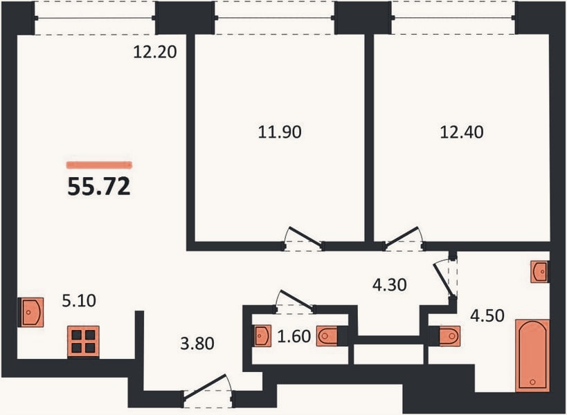 Планировка: 2-к, 55,7 м²
