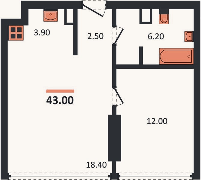 Планировка: 1-к, 43 м²