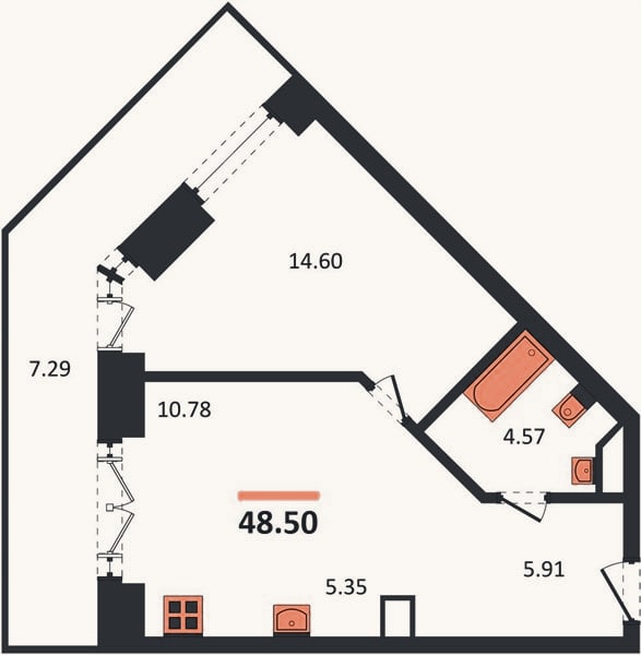 Планировка: 1-к, 48,5 м²