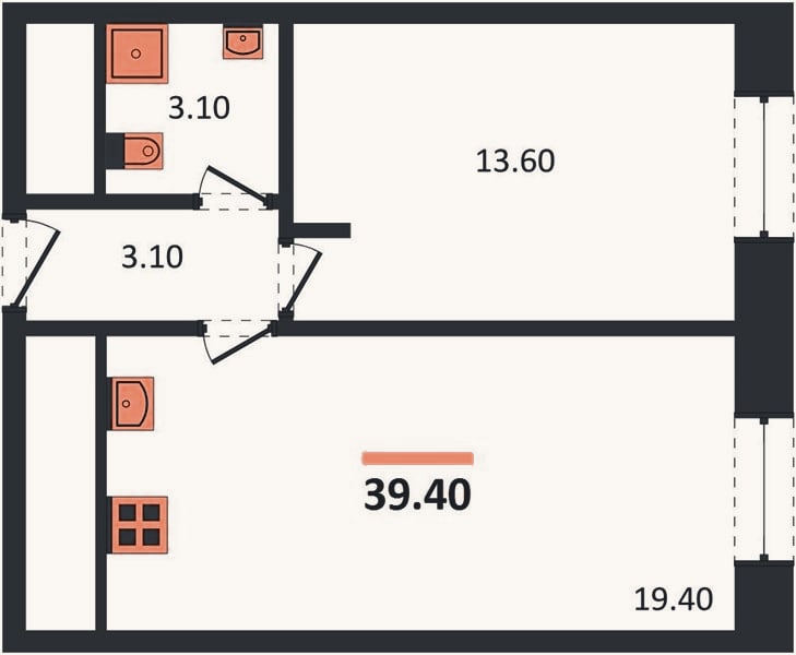 Планировка: 1-к, 39,4 м²